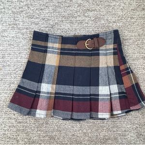 Hope and Henry Plaid Pleated Skirt with Belt - Navy, Burgundy & Tan